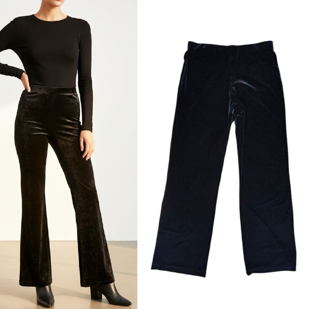 Cabi Black Crushed Velvet‎ High Waist Wide Leg Pull On Flare Pants Medium